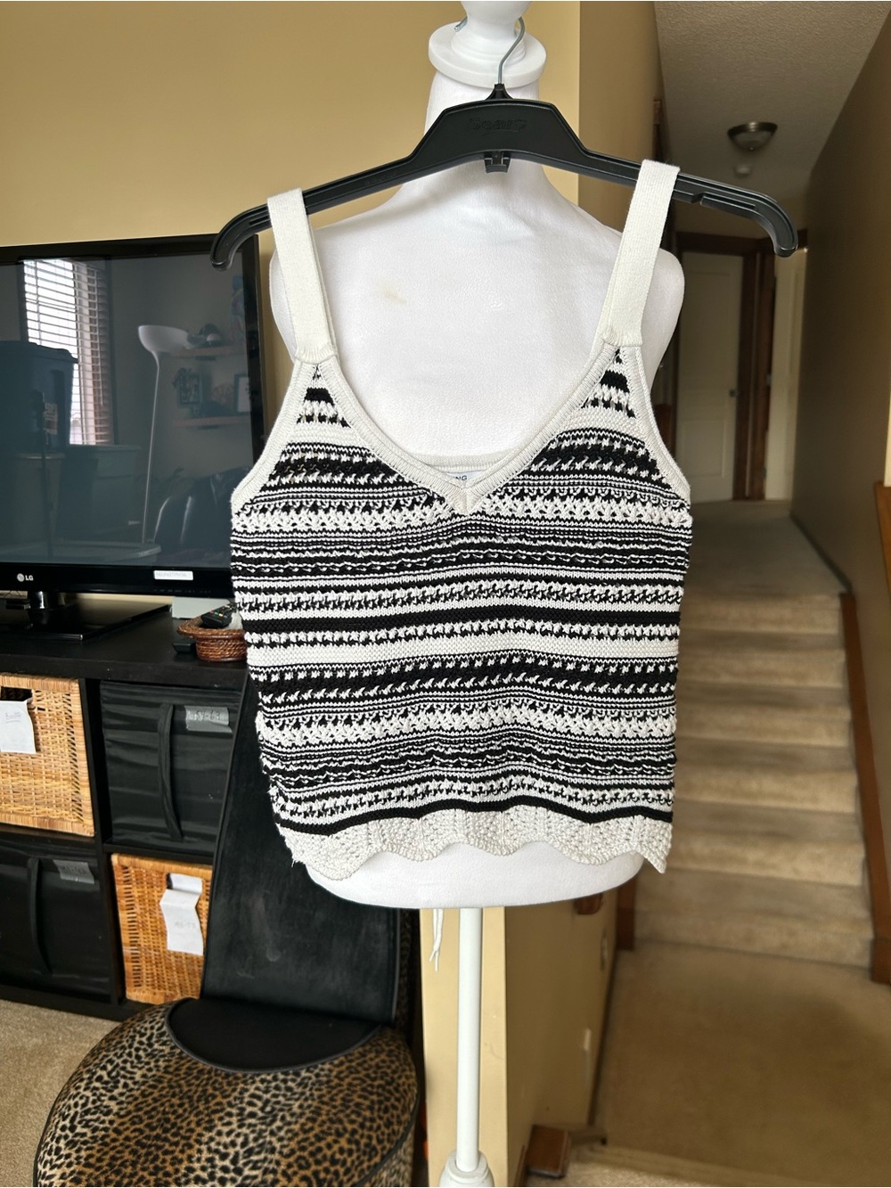 Black & White Striped Knit /Crochet Tank Top with Scalloped Hem